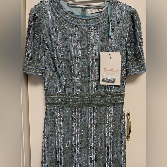 NWT | Mac Duggal Blue High Neck Short Sleeve Crystal Fringe Column Dress Size 6 - Picture 6 of 12